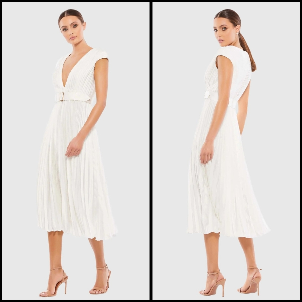 Mac Duggal White Pleated V-Neck Belted Midi Dress